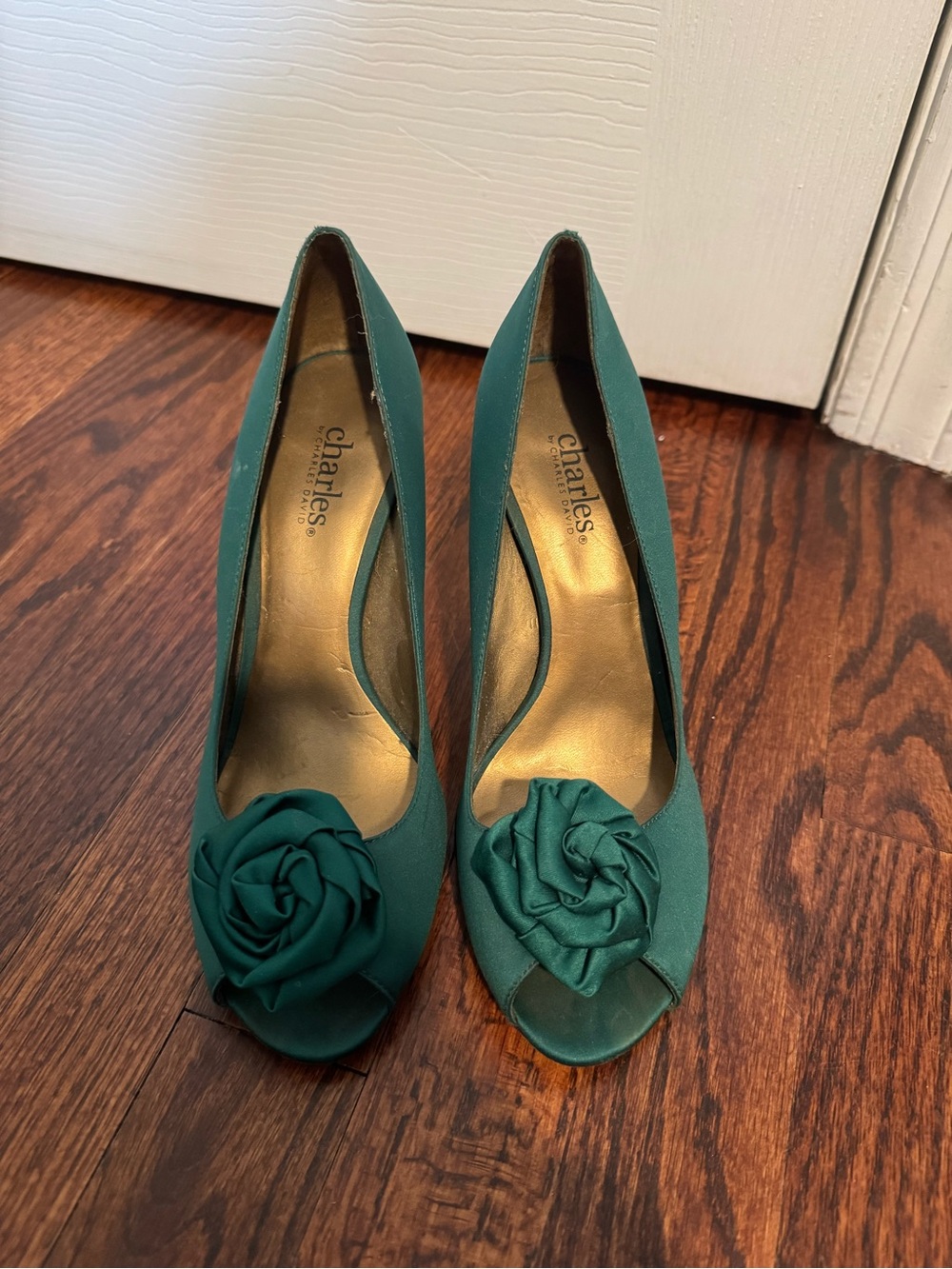 Charles David Teal Satin Peep-Toe Pumps with Rosette Accent